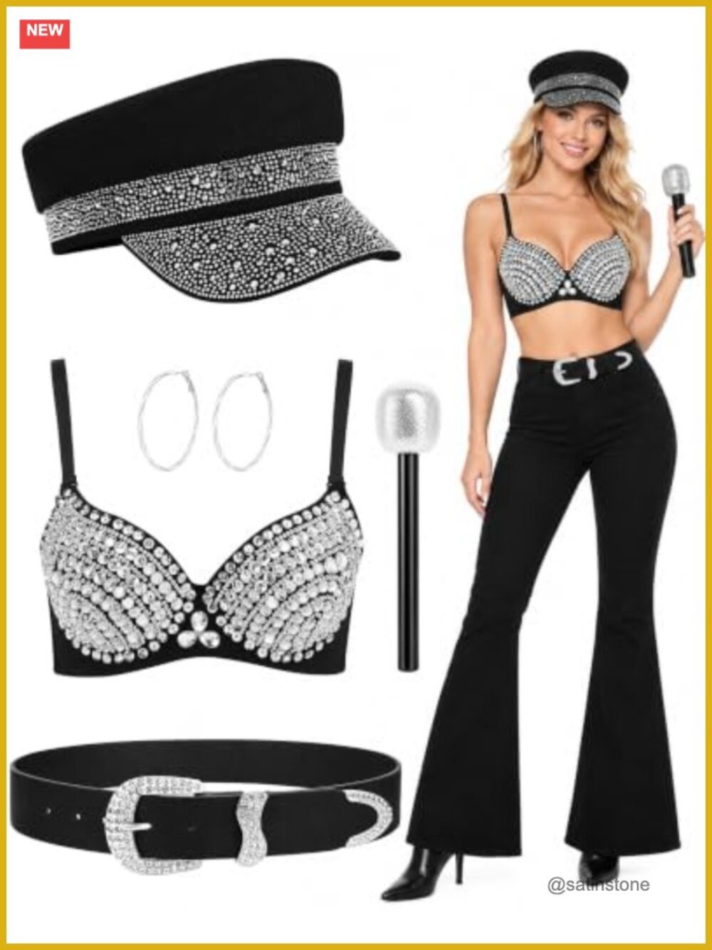 Rhinestone Halloween Singer Costume Set Hat Bra Top Belt Earrings Microphone